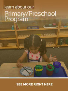 Colorful preschool art activity at Montessori daycare with young girl painting with brushes, promoting early childhood education and Montessori preschool programs in Mount Clemens, MI.