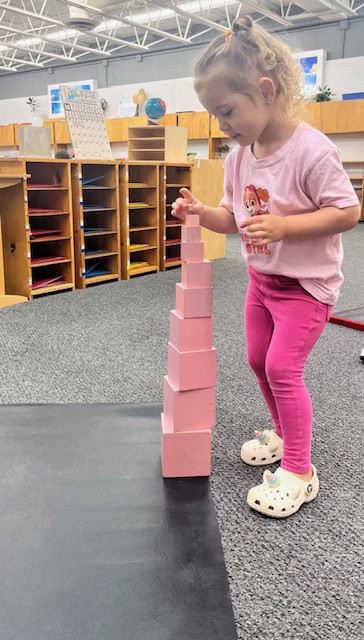 Montessori preschool student building pink tower