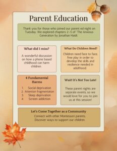 Overview of parent education night discussing The Anxious Generation