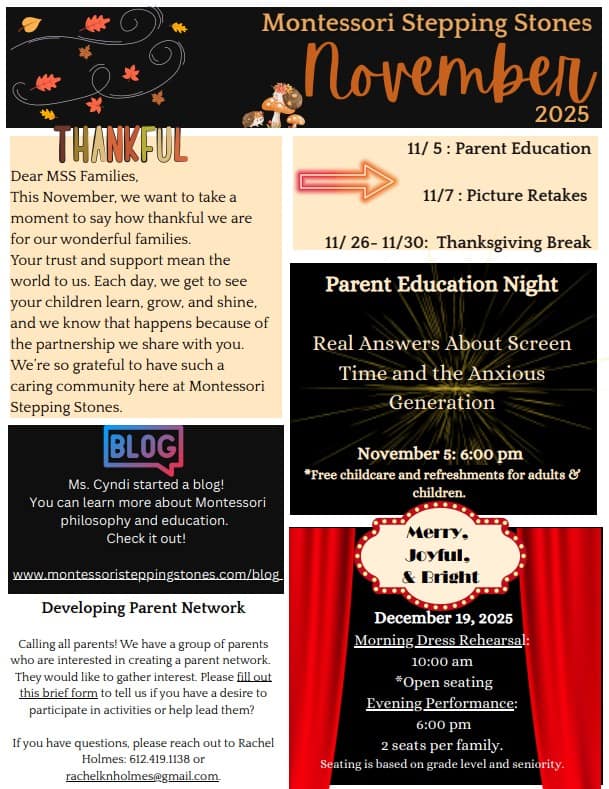 Montessori Stepping Stones November 2025 monthly event flyer showcasing parent education night, holiday celebrations, and important dates in Mount Clemens, MI.