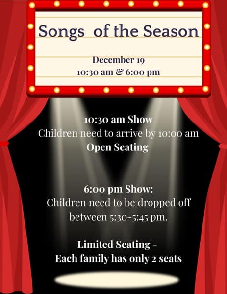 Festive song event schedule at Montessori Stepping Stones in Mount Clemens, MI, featuring morning and evening performances, open seating, and limited family seats for holiday entertainment.