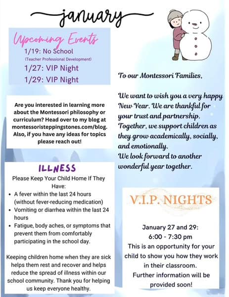 Montessori Stepping Stones January 2026 Newsletter