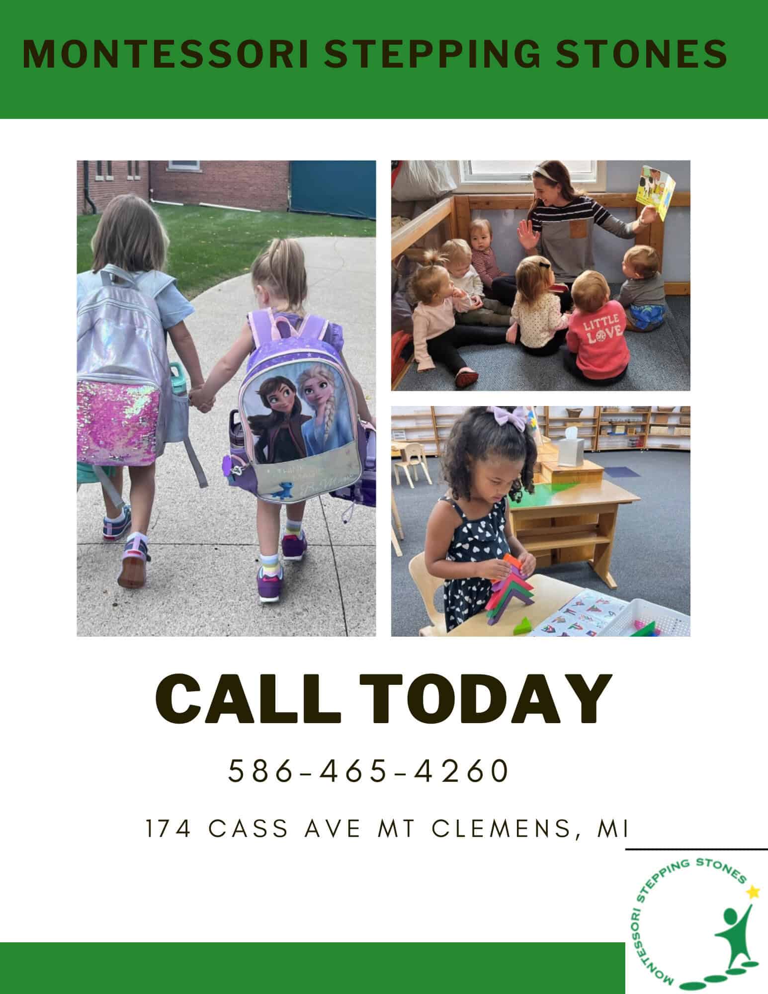Promotional flyer for Montessori Stepping Stones showing children engaged in outdoor play, group storytime, and hands-on math materials in Macomb County.