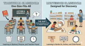 Infographic comparing a traditional teacher-led classroom with a child-centered Montessori classroom, highlighting hands-on materials like knobbed cylinders and sandpaper letters.