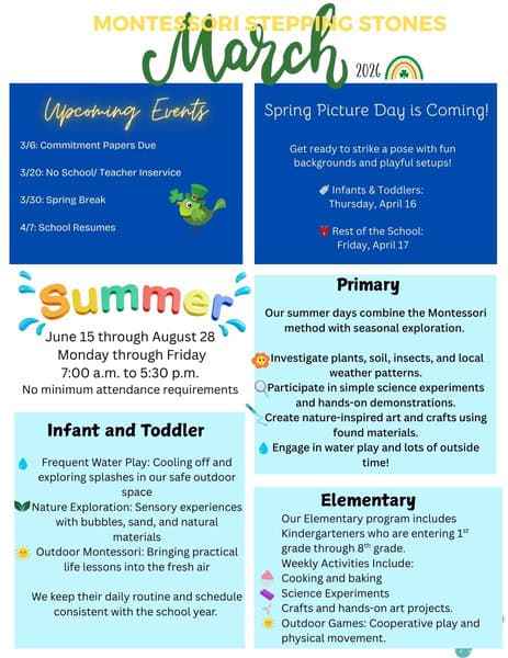 Montessori newsletter infographic highlighting various activities at Montessori Stepping Stones in Mount Clemens, MI during March 2026 and upcoming Montessori summer program at Montessori Stepping Stones.