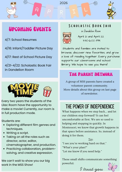 Montessori Stepping Stones April 2026 newsletter featuring upcoming events, Scholastic Book Fair, and the Lilac Room movie project.