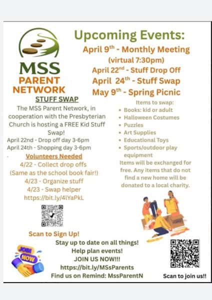 Montessori Stepping Stones Parent Network flyer for the April 2026 Kid Stuff Swap and volunteer sign-up.