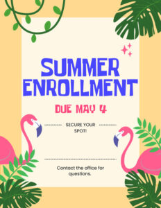 Promotional flyer stating 2026 summer enrollment for Montessori Stepping Stones is due May 4, 2026.
