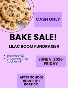Colorful flyer advertising a bake sale at Montessori Stepping Stones in Mount Clemens, MI, featuring cookies, brownies, and a fundraiser event on June 5, 2026.