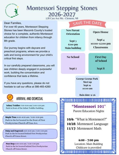 Montessori Stepping Stones 2026-2027 school year dates: Open House, First Day of School, New Parent Orientation in Mount Clemens MI