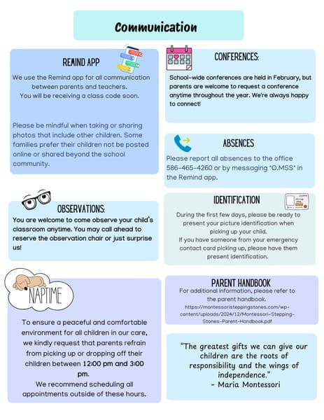 Montessori Stepping Stones parent communication guide: Remind app, conferences, naptime, and absences