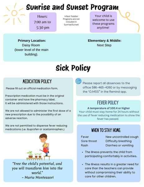 Montessori Stepping Stones sick policy and before/after school program hours in Mount Clemens MI