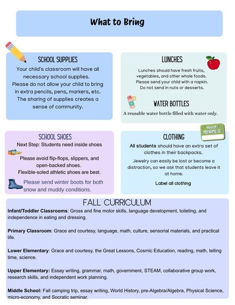 What to bring to Montessori Stepping Stones and fall curriculum by classroom age group